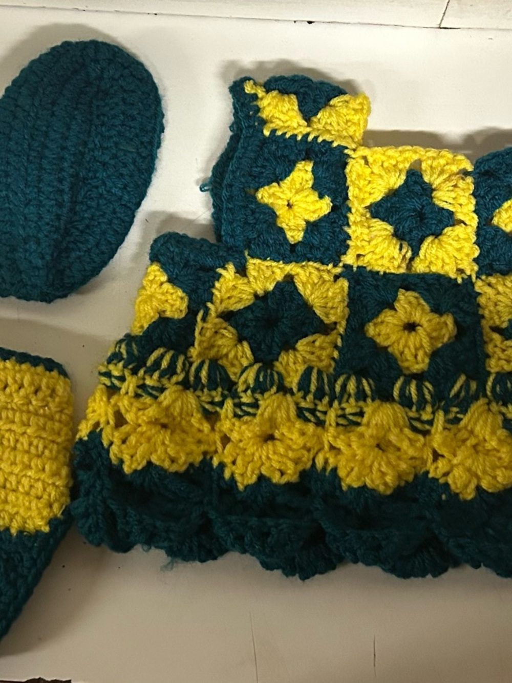 Handmade 6-9 girls crochet dress bottoms and shoes Set in Teal and Yellow